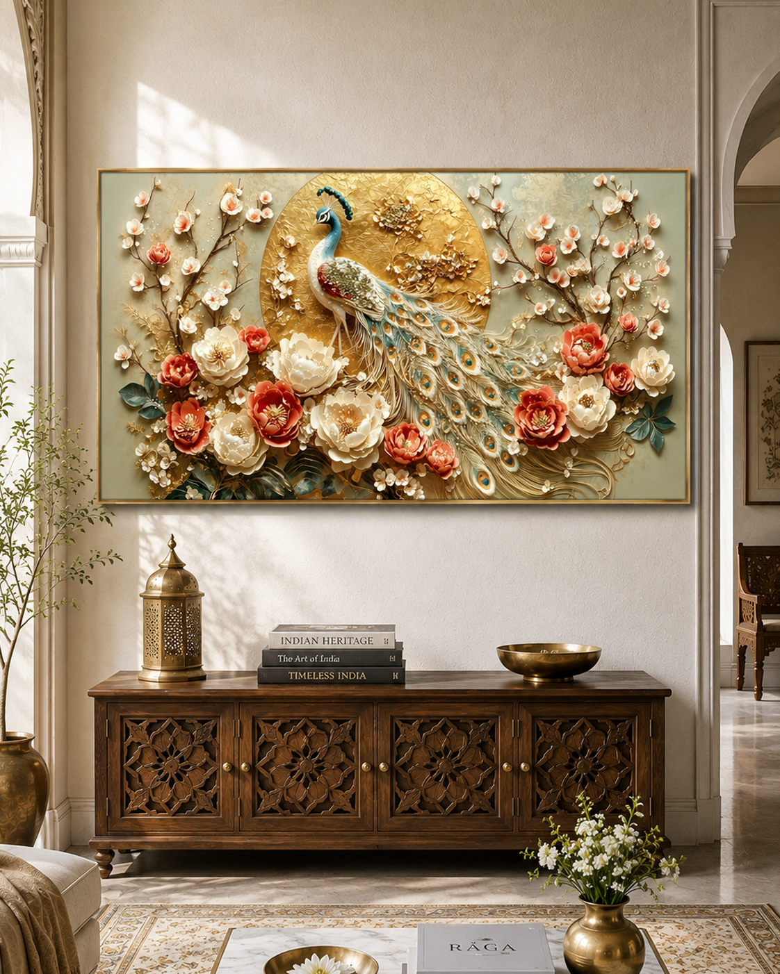 Peacock in the Golden Blossom Garden Crystal Glass Art Wall Painting For Home Décor