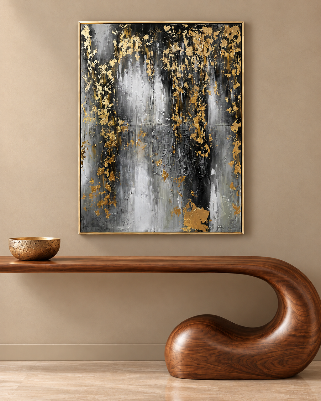 The Black and Gold Nile River Delta Abstract 100% Hand Painted Wall Decor Paintings for Home (With Outer Floater Frame) (48 x 36 Inches)