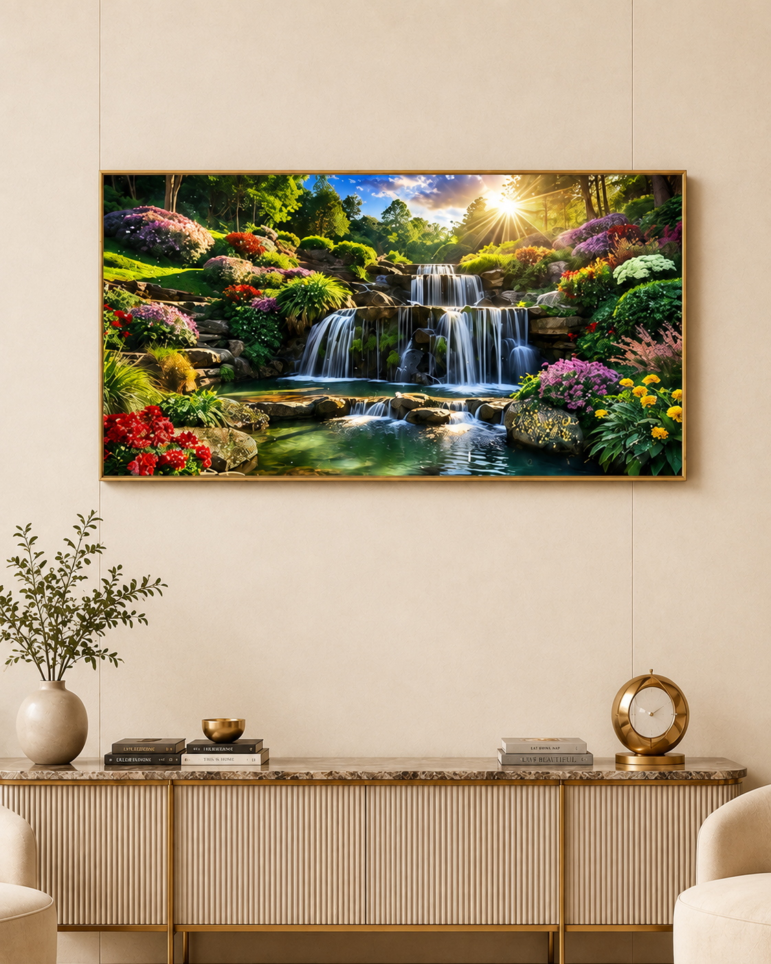 Blooming Paradise Waterfall Crystal Glass Art Nature Painting For Home Décor