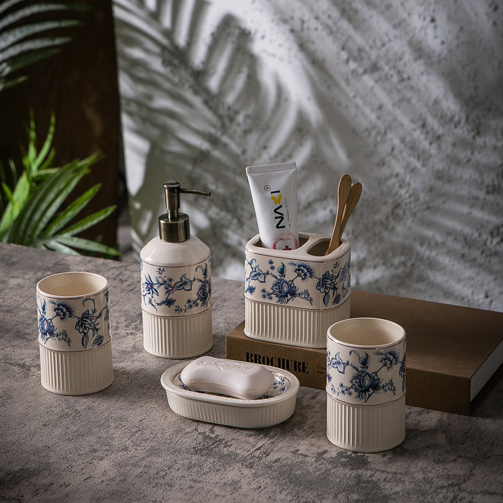 Heritage Botanica ceramic bathroom accessory set (Blue Pottery)