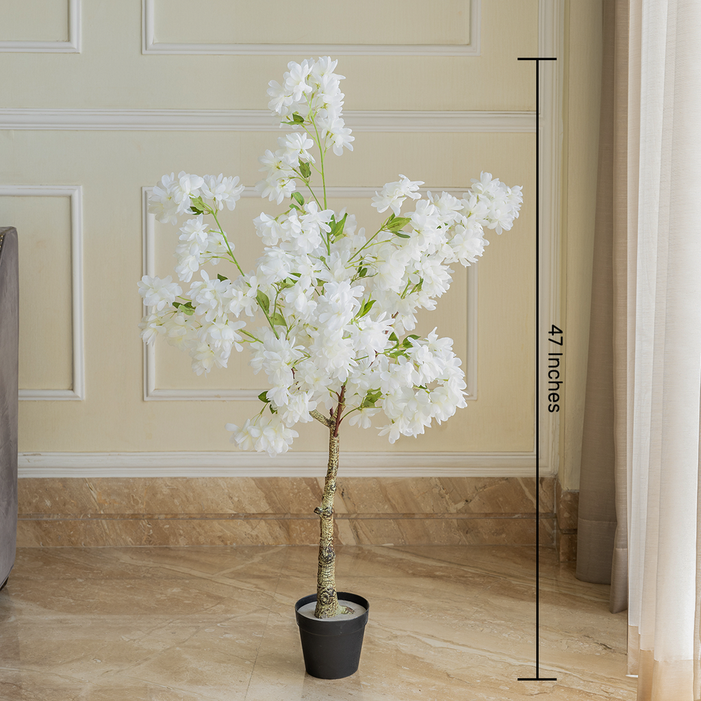 Snowy Cherry Blossom Bliss Artificial Plant For Home - 4 Feet (Natural Feel)
