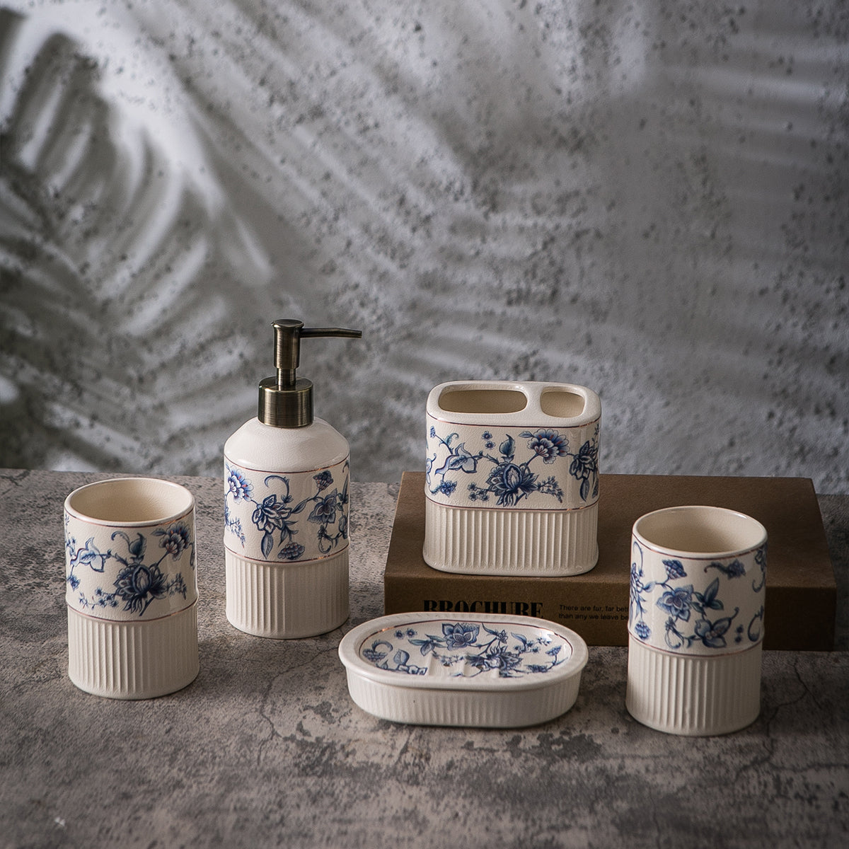 Heritage Botanica ceramic bathroom accessory set (Blue Pottery)