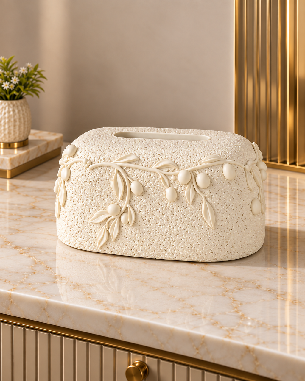 Botanical Relief Tissue Holder For Home - Beige