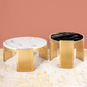 Olympian Grandeur Centre Table Design For Home (Stainless Steel) - Set of 2 (BLACK AND WHITE STONE COMBO)