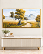 Valley Passage Handmade Nature Painting For Home (With Golden Outer Floater Frame ) (27.5x55 Inches)