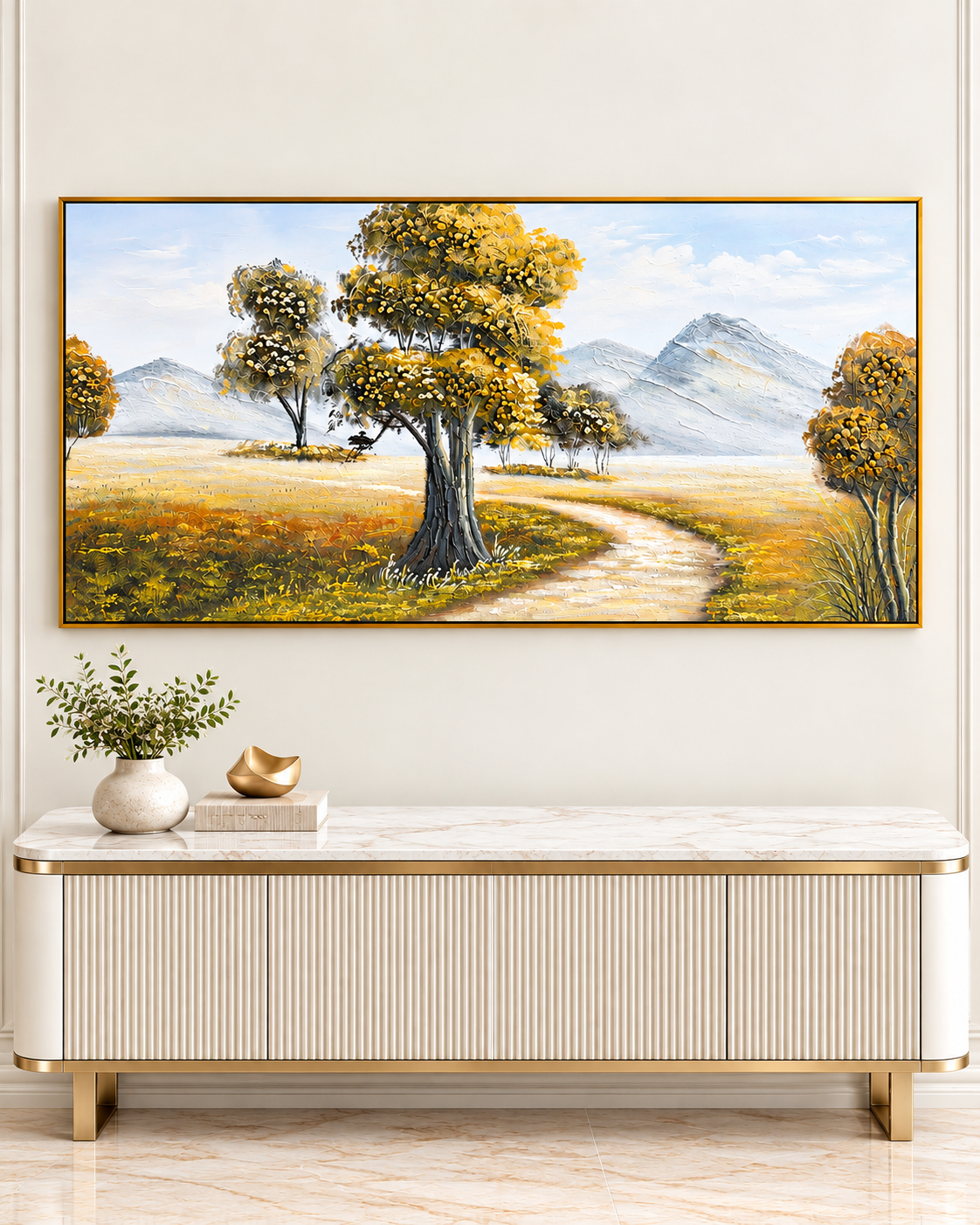 Valley Passage Handmade Nature Painting For Home (With Golden Outer Floater Frame ) (27.5x55 Inches)