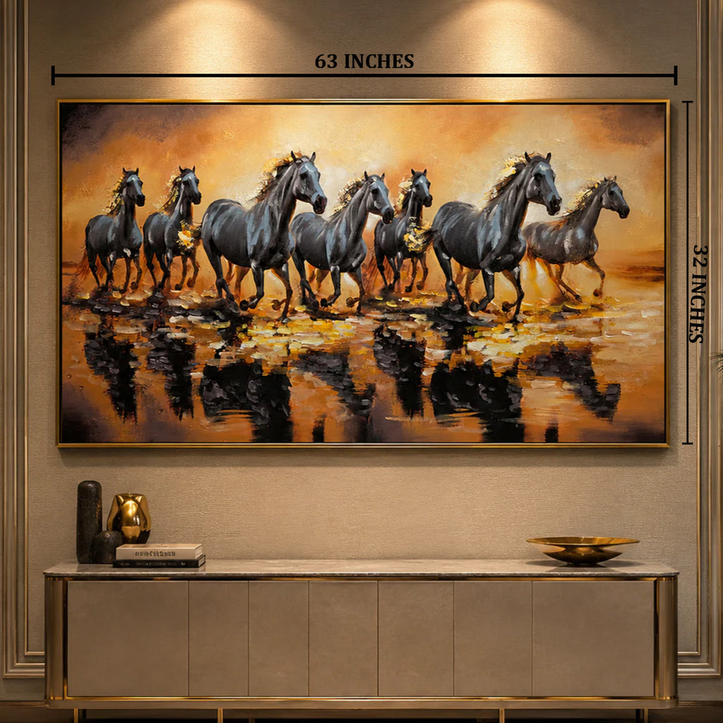Seven White Running Horses at Sunrise Wall Painting For Home (Comes With an Outer Floater Frame) (63 x 32 Inches) (N)