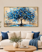 Tree of Tranquility 100% Hand Painted Wall Painting (With Golden Outer Floater Frame frame) (31.5x55 Inches)