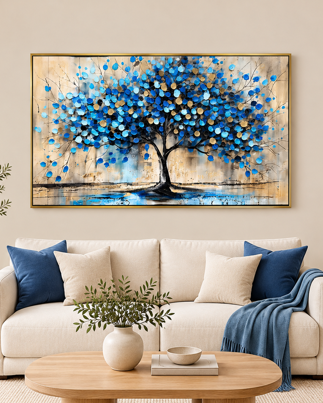 Tree of Tranquility 100% Hand Painted Wall Painting (With Golden Outer Floater Frame frame) (31.5x55 Inches)