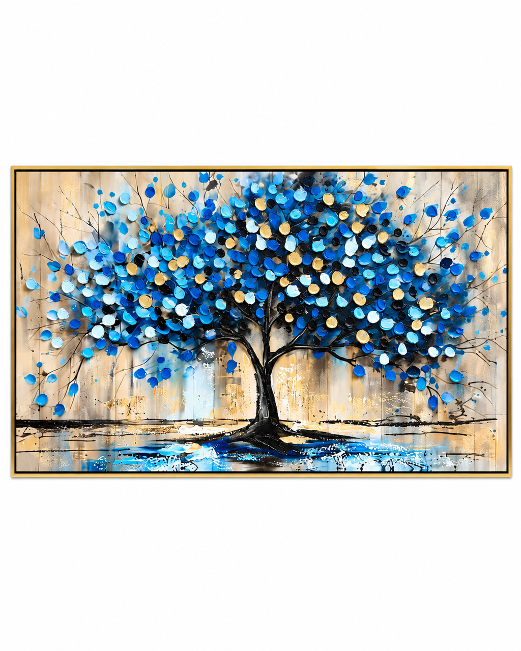 Tree of Tranquility 100% Hand Painted Wall Painting (With Golden Outer Floater Frame frame) (31.5x55 Inches)