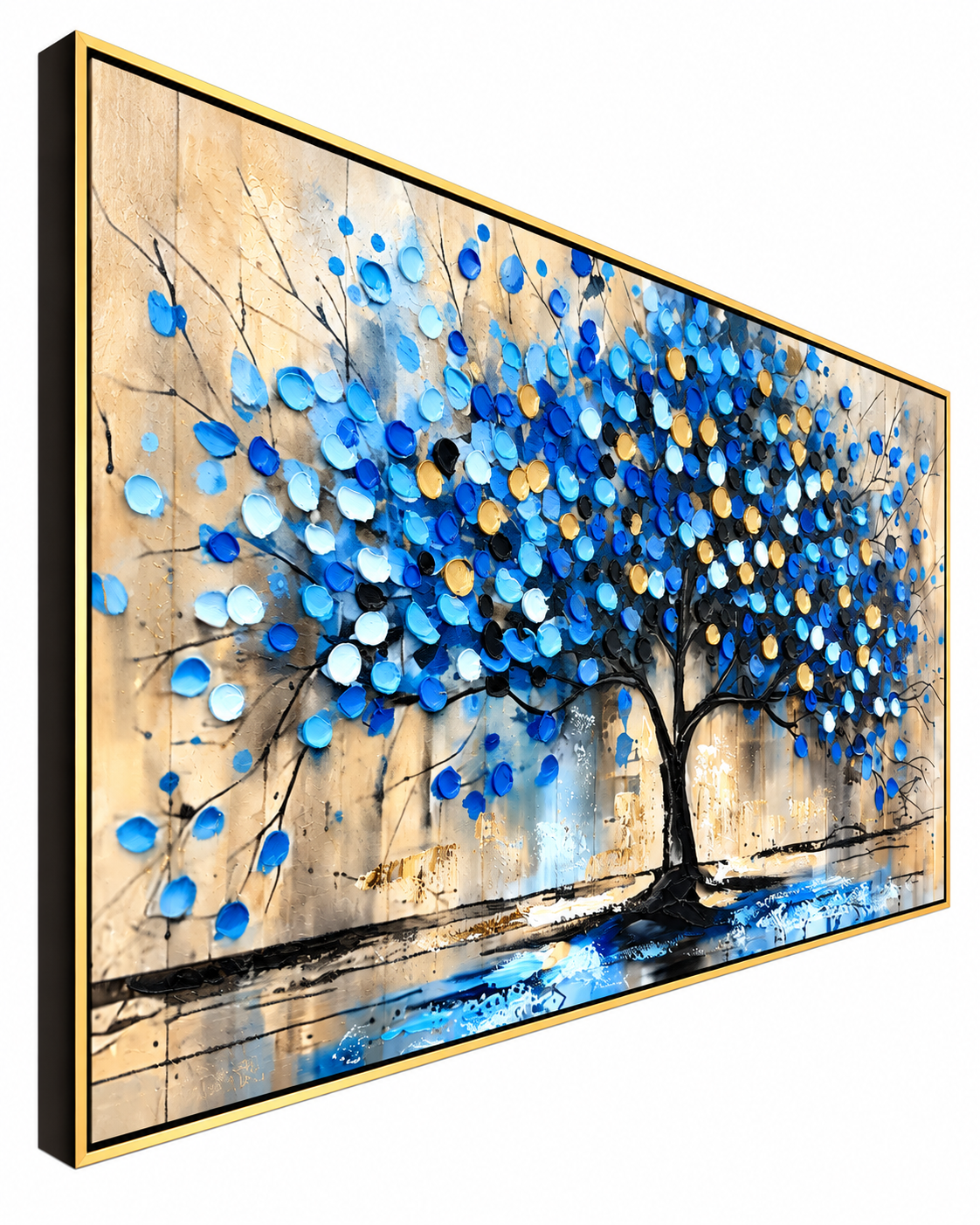 Tree of Tranquility 100% Hand Painted Wall Painting (With Golden Outer Floater Frame frame) (31.5x55 Inches)