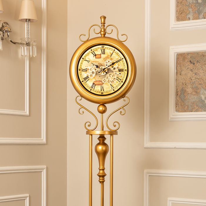 Victorian Timeless Tradition Luxury Designer Silent Movement Standing Clock With Moving Gear Mechanism (Steel Body) (With Light & Remote)