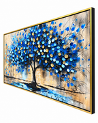 Tree of Tranquility 100% Hand Painted Wall Painting (With Golden Outer Floater Frame frame) (31.5x55 Inches)