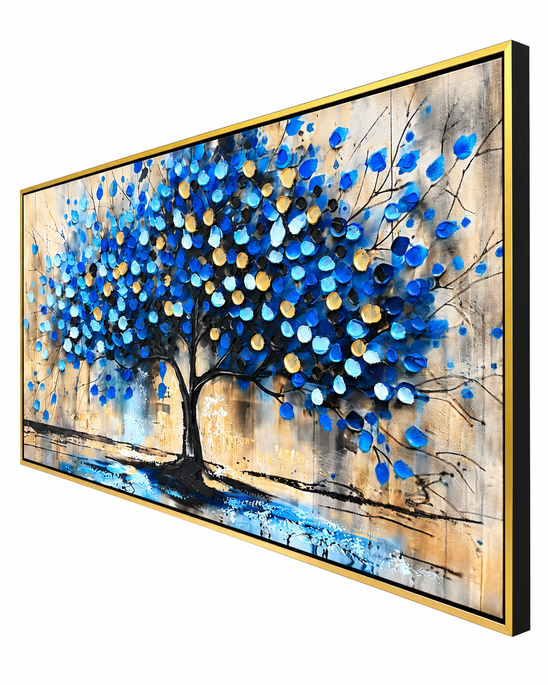 Tree of Tranquility 100% Hand Painted Wall Painting (With Golden Outer Floater Frame frame) (31.5x55 Inches)