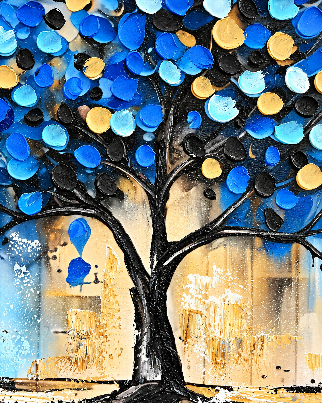 Tree of Tranquility 100% Hand Painted Wall Painting (With Golden Outer Floater Frame frame) (31.5x55 Inches)