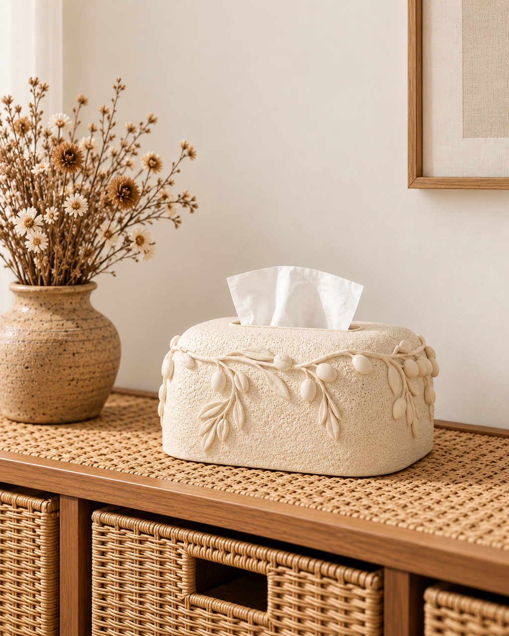 Botanical Relief Tissue Holder For Home - Beige
