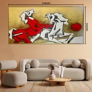 Clashing Horses Hand Wall Painting For Home (Comes With an Outer Floater Frame)