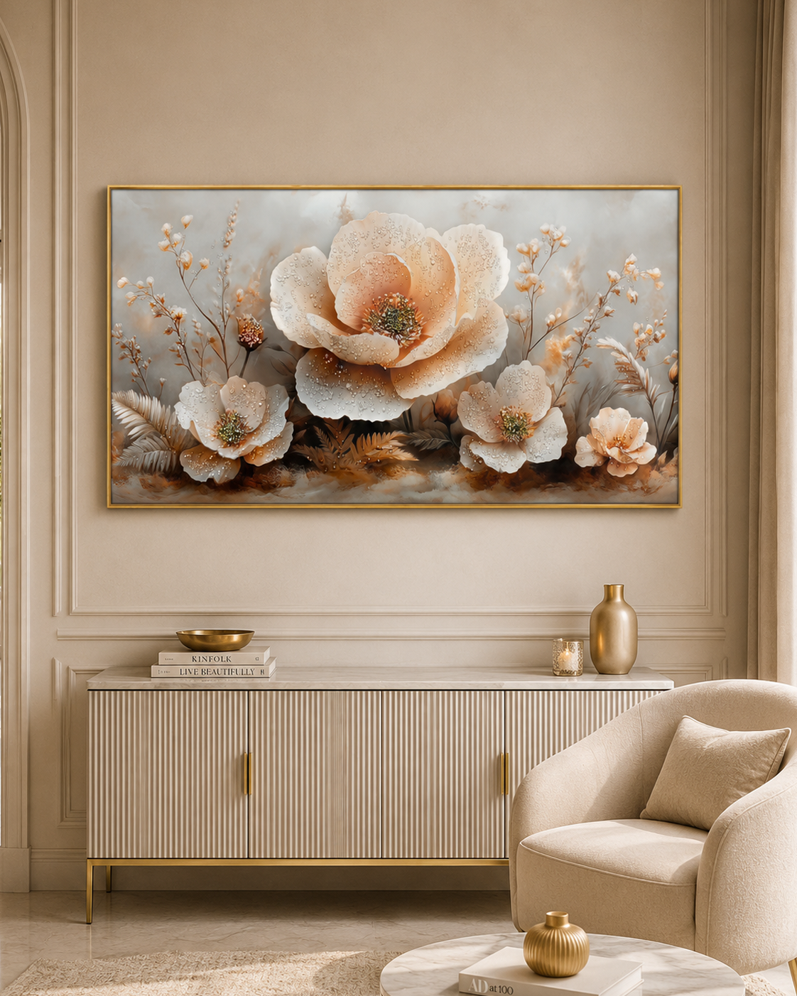 Blush & Ivory Blooms Crystal Glass Wall Painting For Home Décor