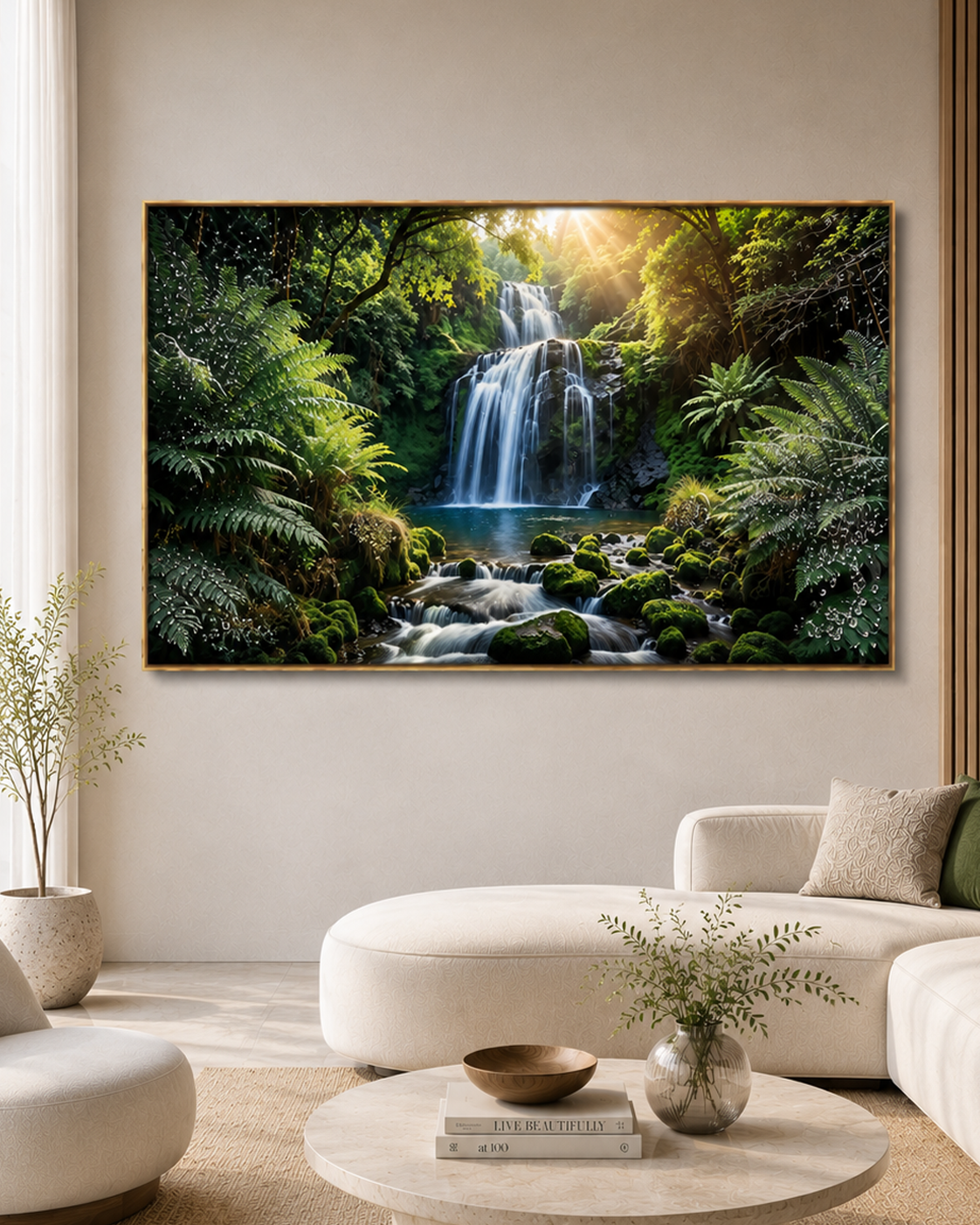 Waterfall in the Sunlit Woods Crystal Glass Art Nature Wall Painting For Home Décor