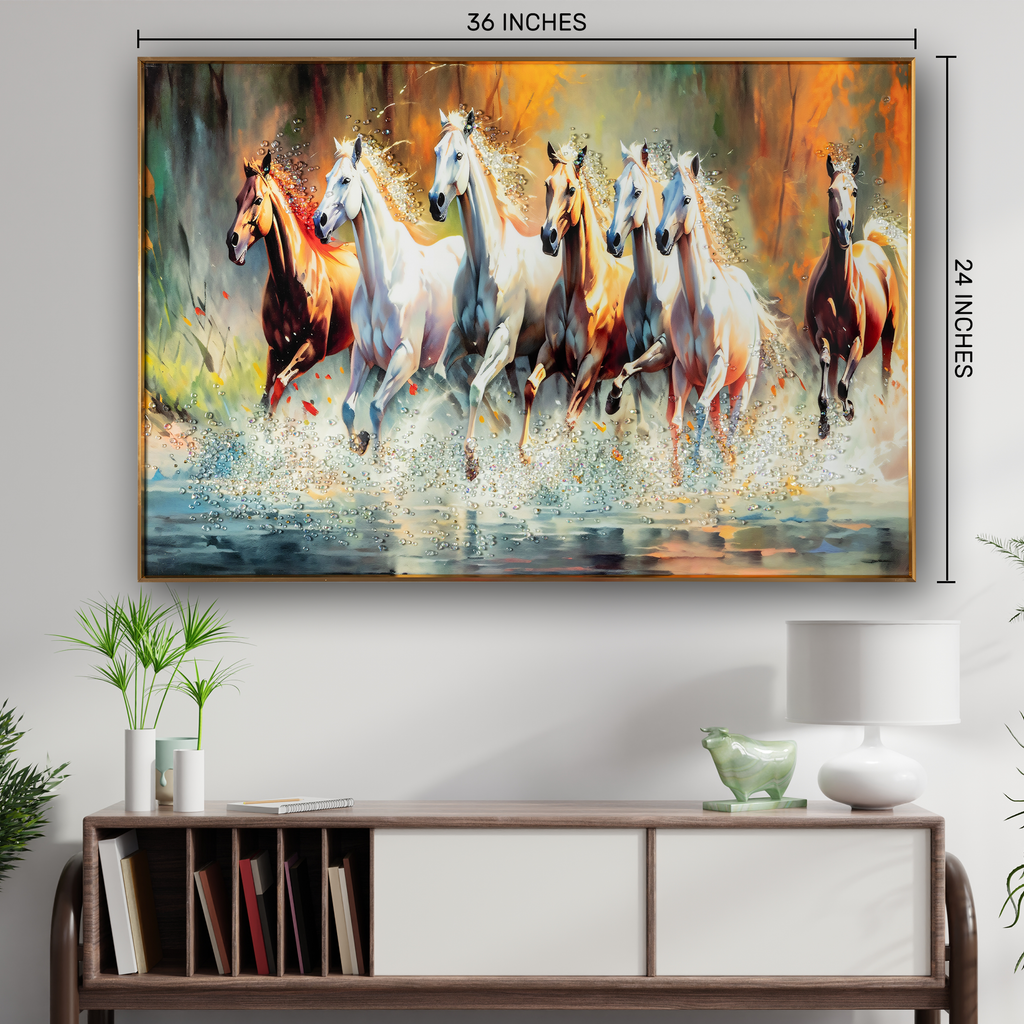 Seven Running Horses Whisper in the Wind Crystal Glass Painting for Wall Art - Medium