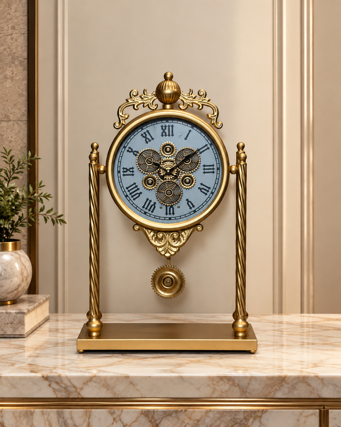 The Noble Hour Luxury Designer Silent Movement Table Clock With Moving Gear Mechanism (Steel Body)