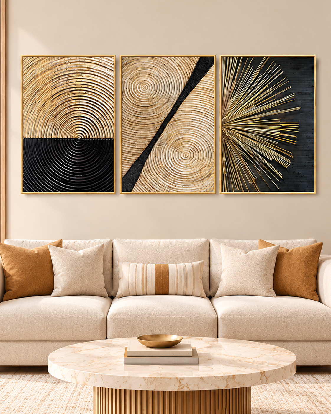 Rising Sun Crystal Glass Painting - Set of 3 (Black & Gold)