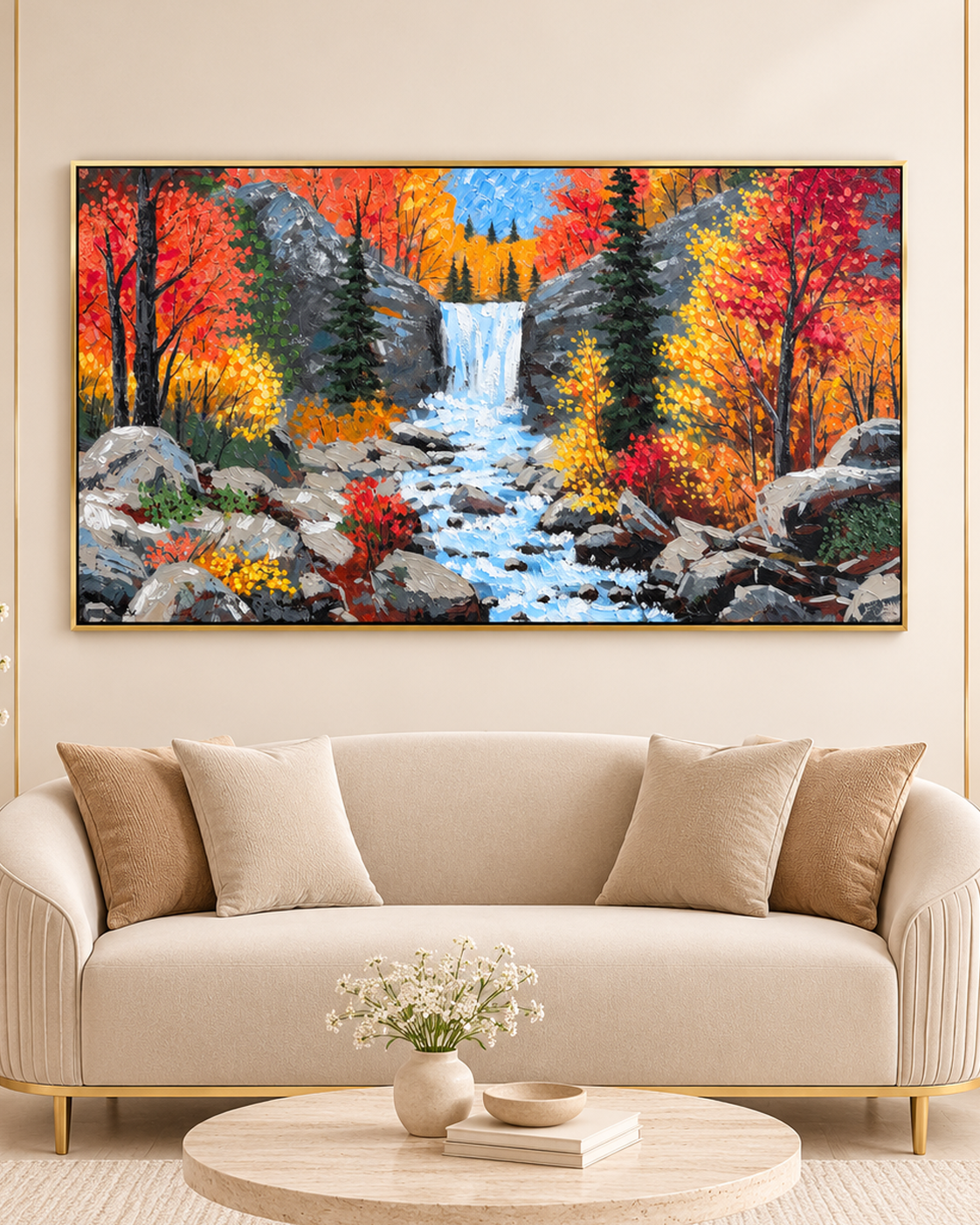 Autumn Waterfall 100% Hand Painted Wall Painting (With Golden Outer Floater Frame frame) (27.5x55 Inches)