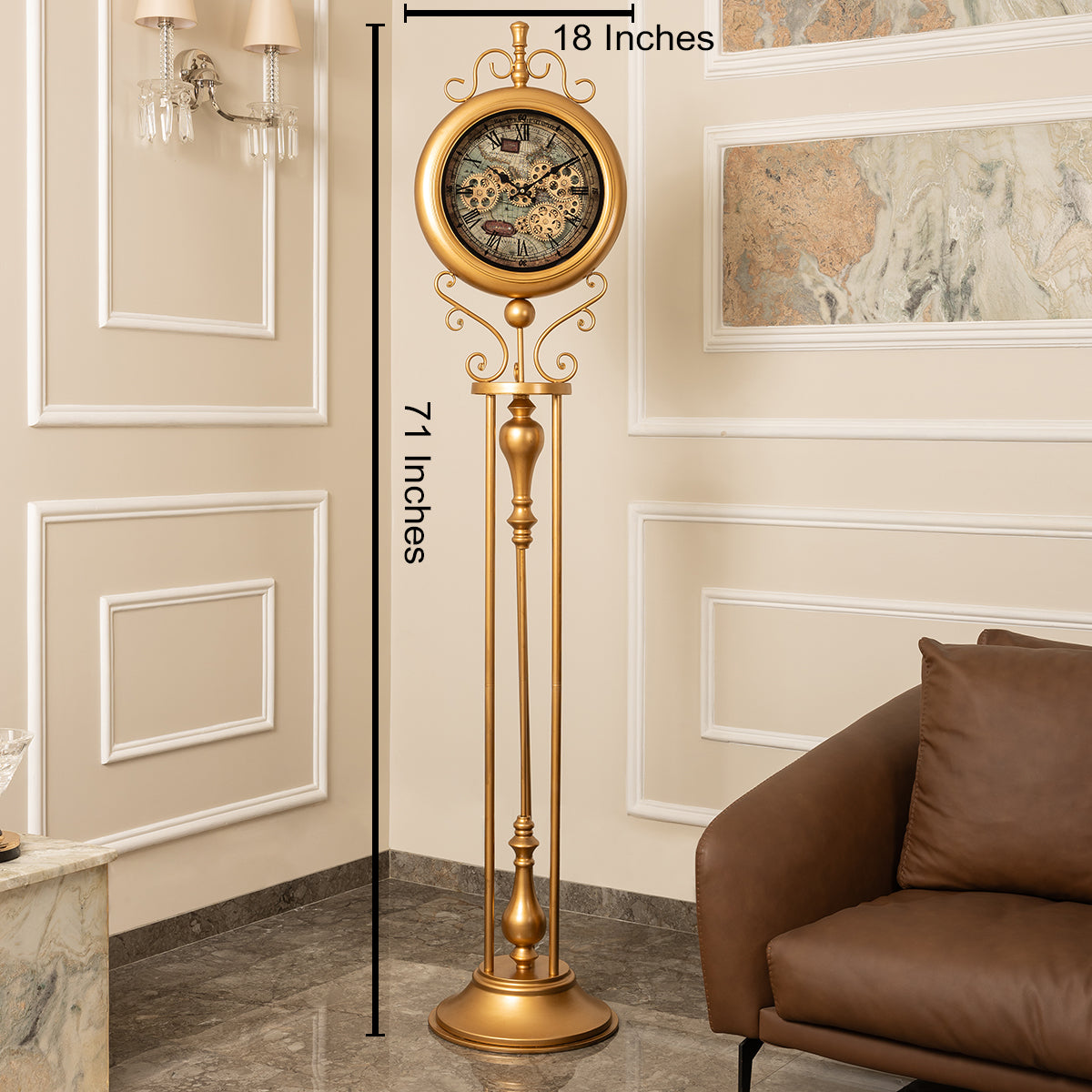 Victorian Timeless Tradition Luxury Designer Silent Movement Standing Clock With Moving Gear Mechanism (Steel Body)