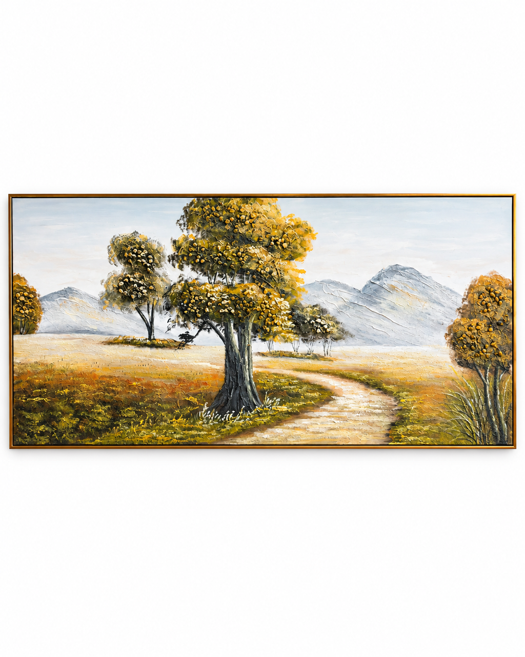 Valley Passage Handmade Nature Painting For Home (With Golden Outer Floater Frame ) (27.5x55 Inches)