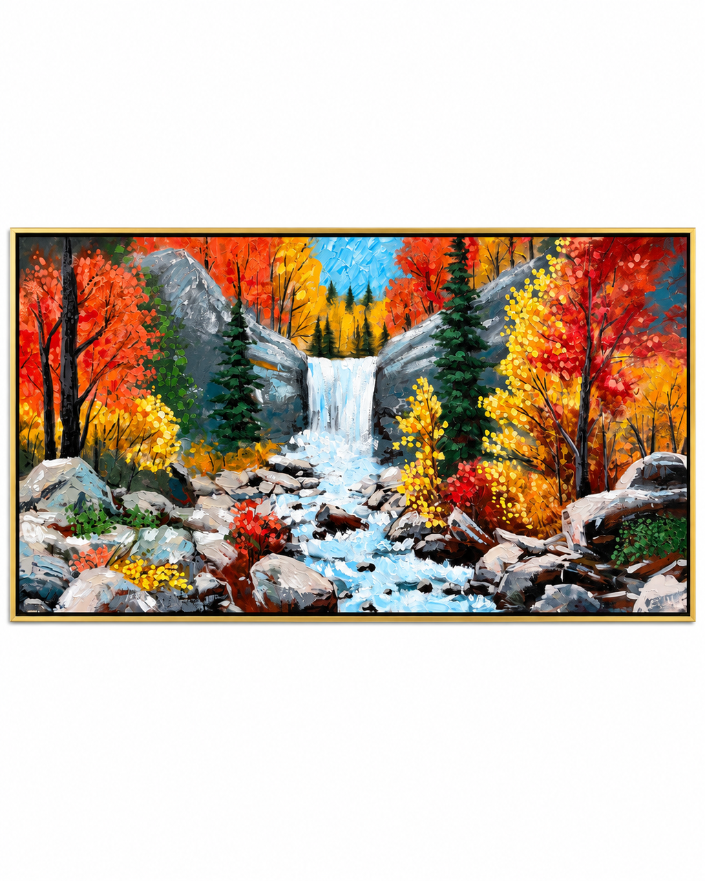 Autumn Waterfall 100% Hand Painted Wall Painting (With Golden Outer Floater Frame frame) (27.5x55 Inches)