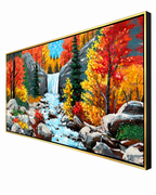 Autumn Waterfall 100% Hand Painted Wall Painting (With Golden Outer Floater Frame frame) (27.5x55 Inches)
