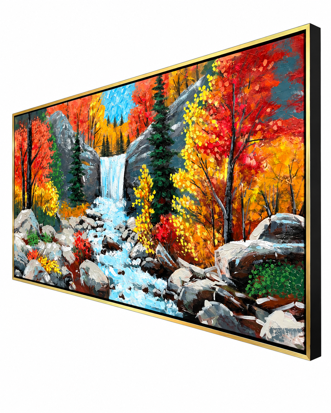 Autumn Waterfall 100% Hand Painted Wall Painting (With Golden Outer Floater Frame frame) (27.5x55 Inches)