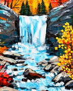 Autumn Waterfall 100% Hand Painted Wall Painting (With Golden Outer Floater Frame frame) (27.5x55 Inches)