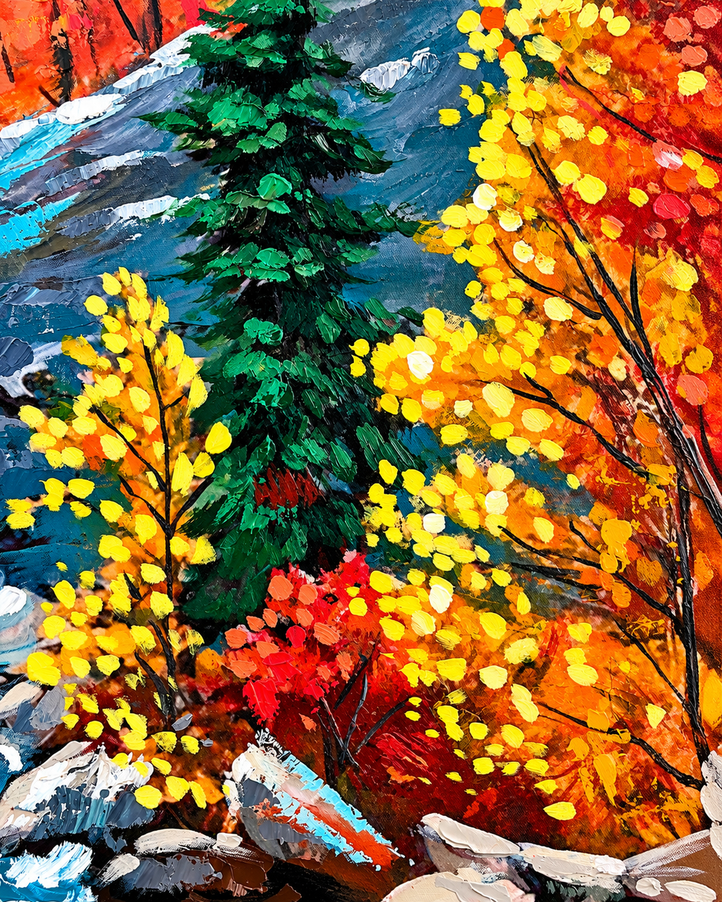 Autumn Waterfall 100% Hand Painted Wall Painting (With Golden Outer Floater Frame frame) (27.5x55 Inches)