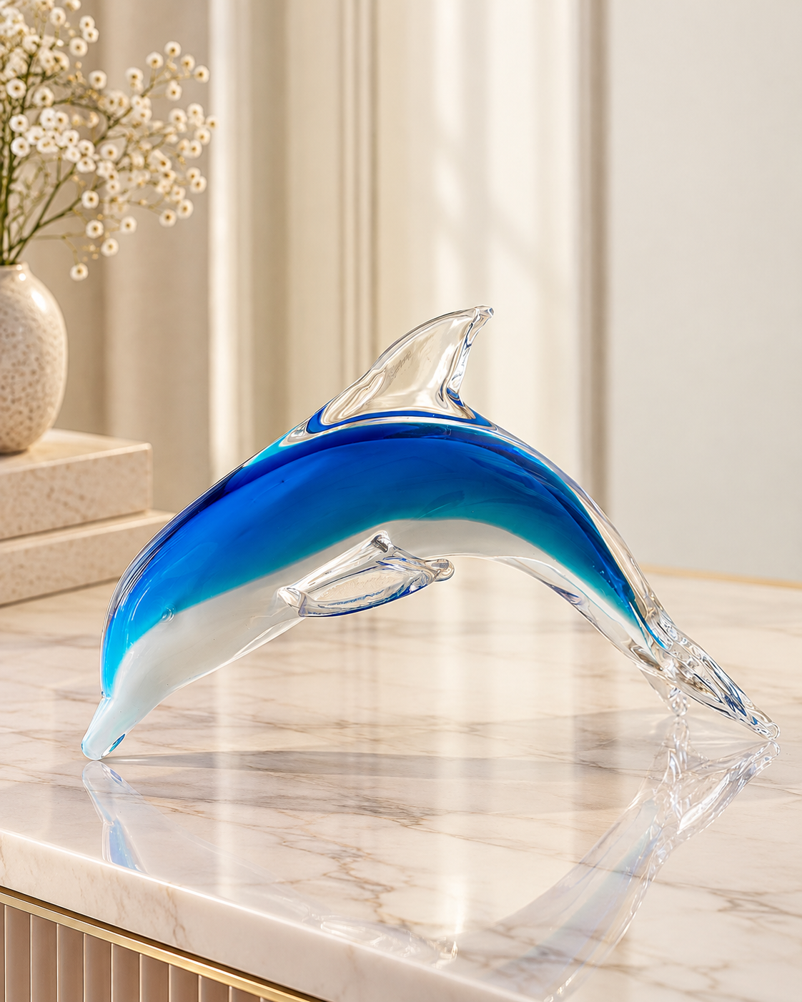 Ocean Leap Glass Dolphin Handblown Glass Showpiece & Items for Room Decoration - Blue