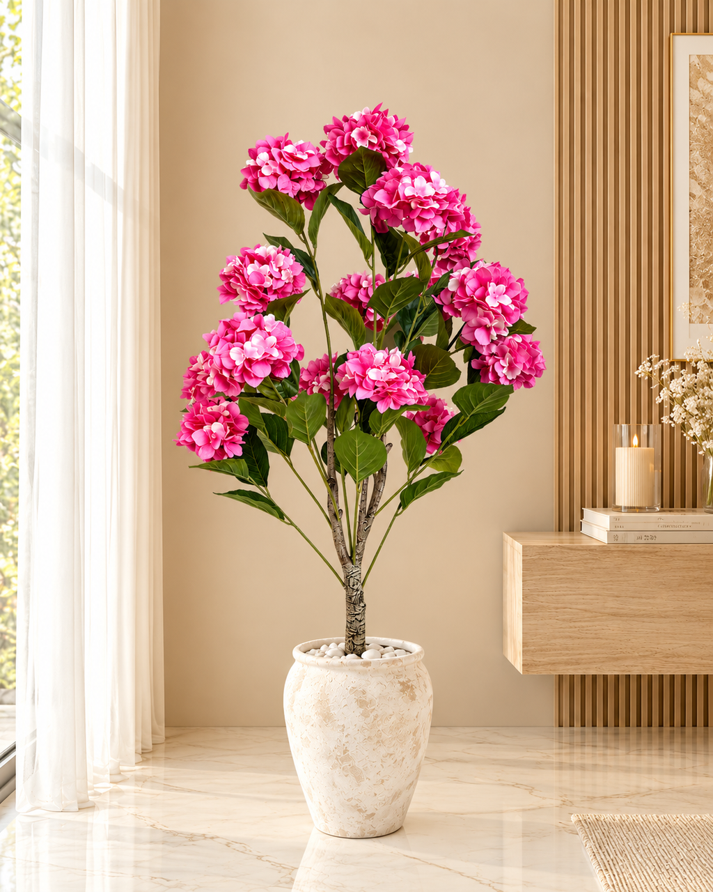Hydrangea Floral Artificial Indoor Plant For Home - Pink  ( Natural feel )  ( 5.1 Feet )
