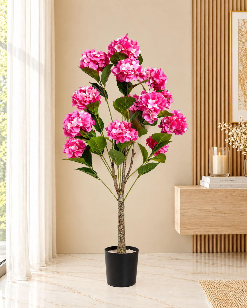 Hydrangea Floral Artificial Indoor Plant For Home - Pink  ( Natural feel )  ( 5.1 Feet )