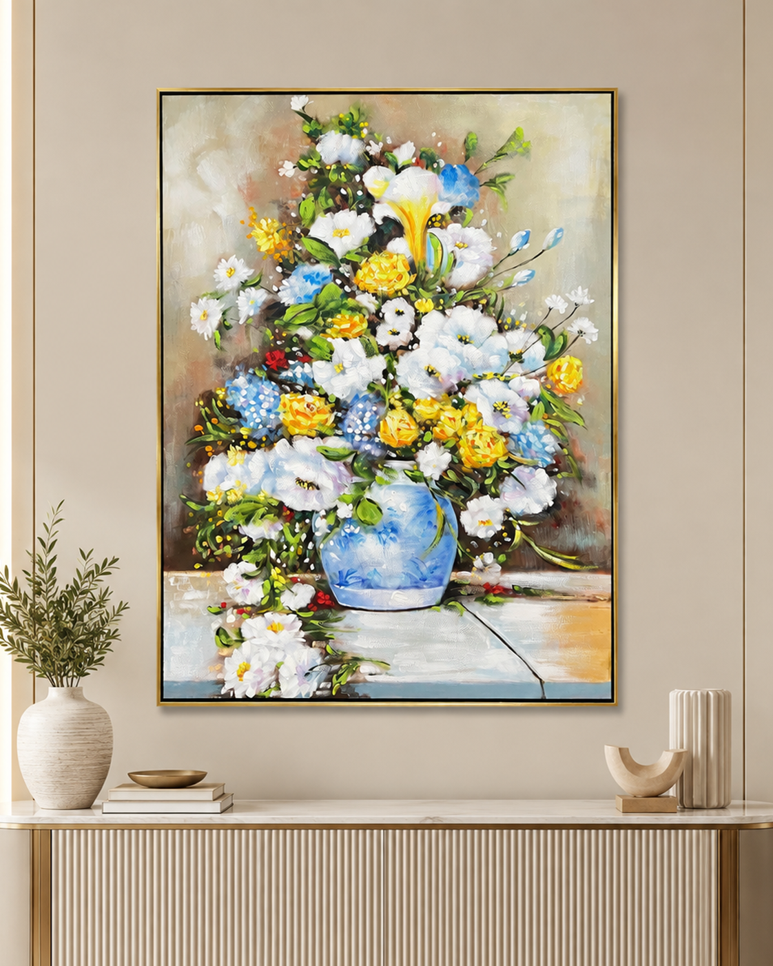 Blossoming Joy Wall Art Hand Wall Decor Paintings for Home (With outer Floater Frame) (34x45.5 Inches)