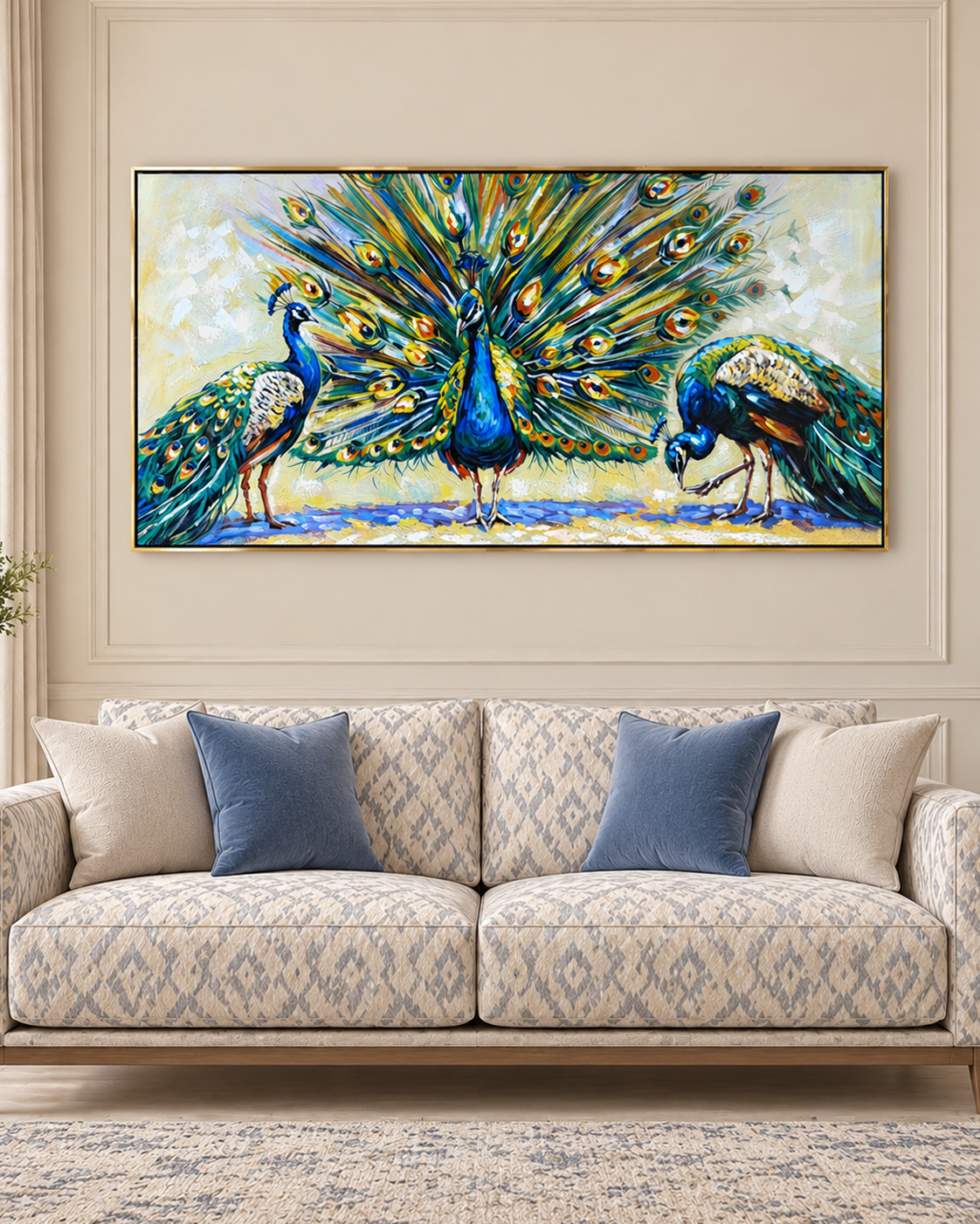Royal Peacocks 100% Hand Painted Wall Painting (With Golden Outer Floater Frame frame) (27.5x55 Inches)