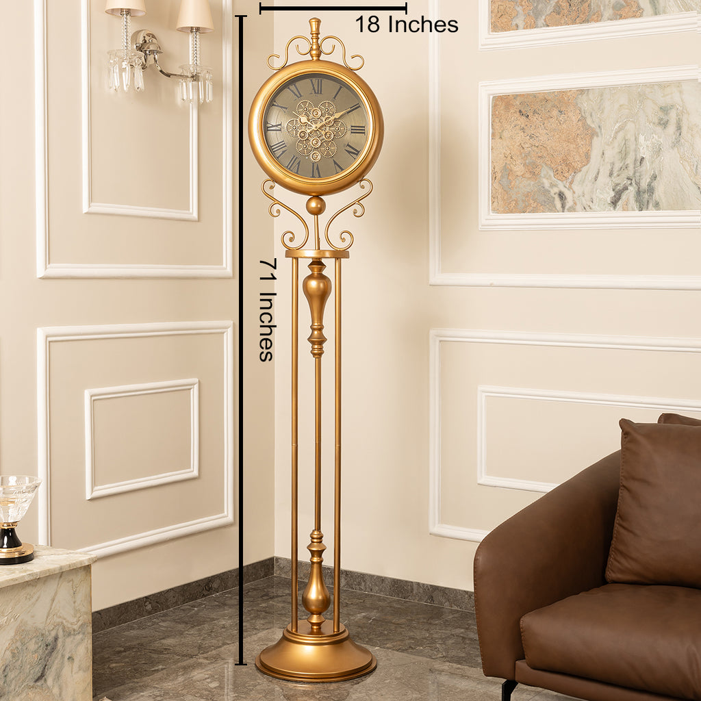 Classic Crown Luxury Designer Silent Movement Standing Clock With Moving Gear Mechanism (Steel Body)