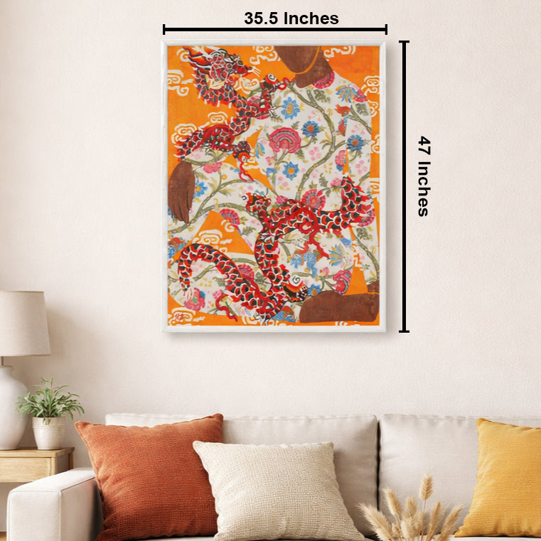 Dragon's Embrace by TITO 100% Hand Wall Painting For Home  (With Outer Floater Frame frame) (35.5 x 47 Inches )