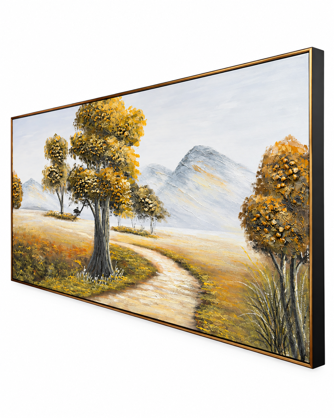Valley Passage Handmade Nature Painting For Home (With Golden Outer Floater Frame ) (27.5x55 Inches)