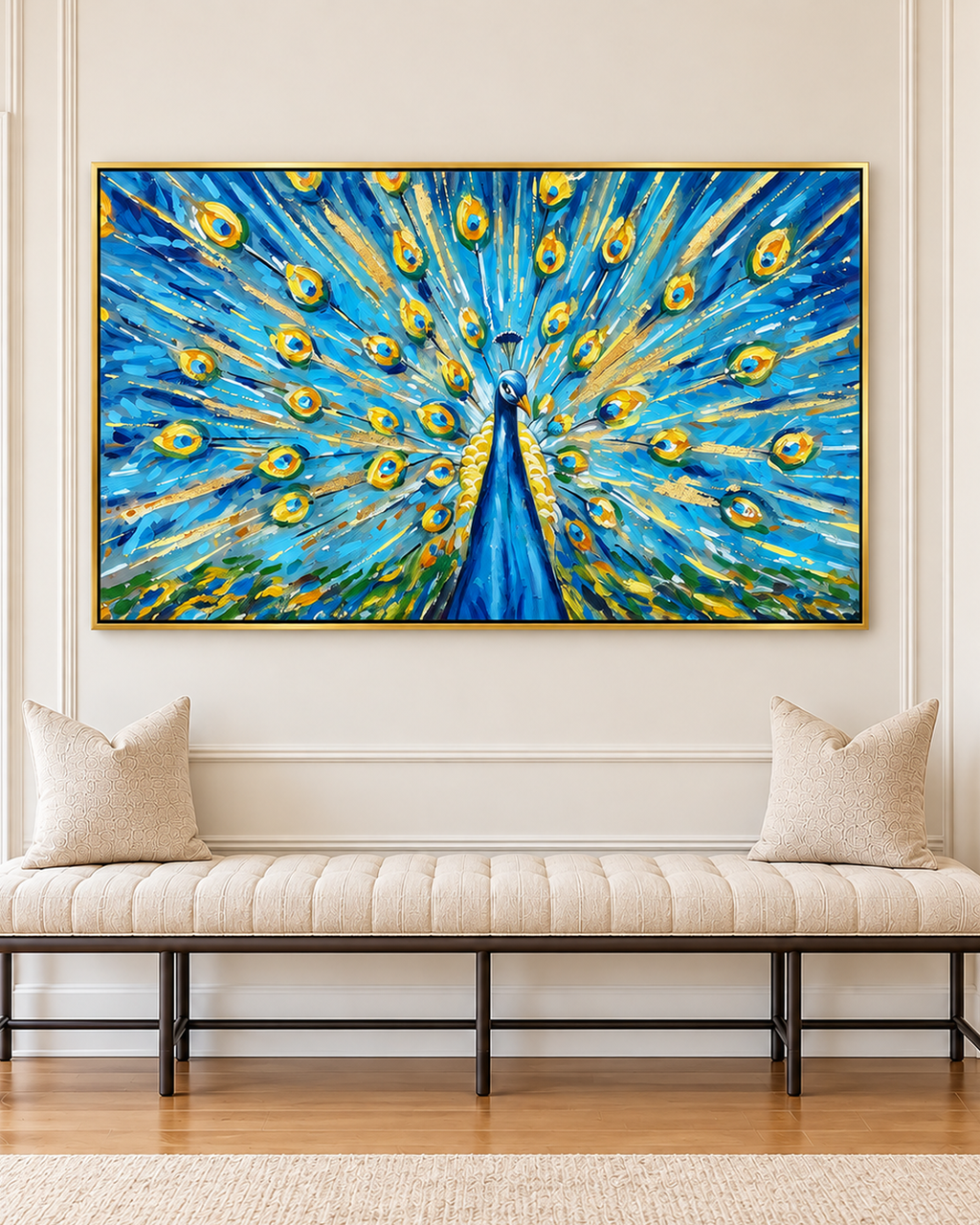 Crown of Feathers 100% Hand Painted Wall Painting (With Golden Outer Floater Frame frame) (27.5x55 Inches)