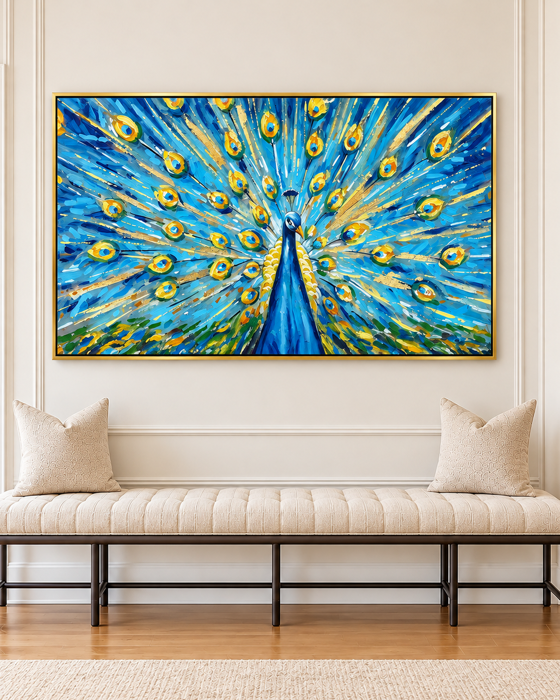 Crown of Feathers 100% Hand Painted Wall Painting (With Golden Outer Floater Frame frame) (27.5x55 Inches)