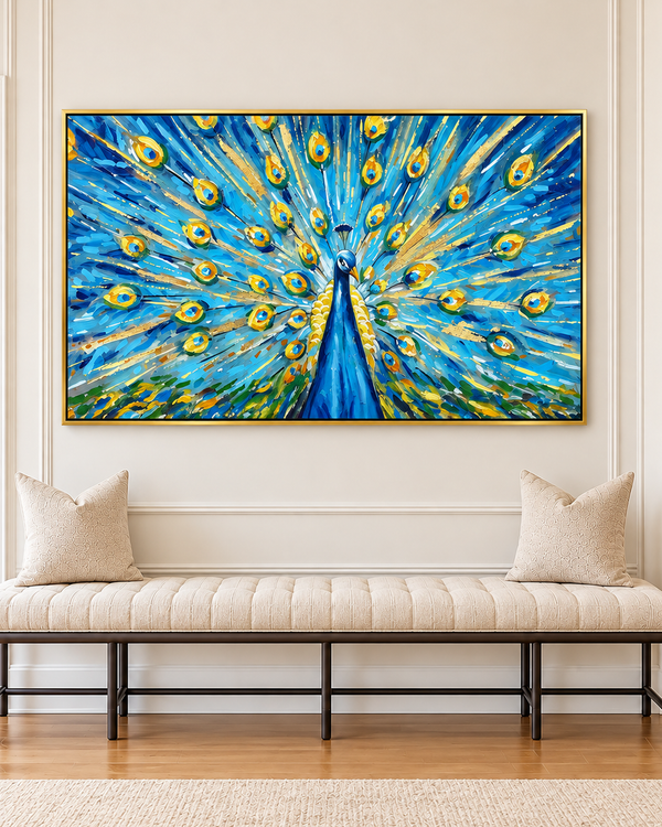 Crown of Feathers 100% Hand Painted Wall Painting (With Golden Outer Floater Frame frame) (27.5x55 Inches)