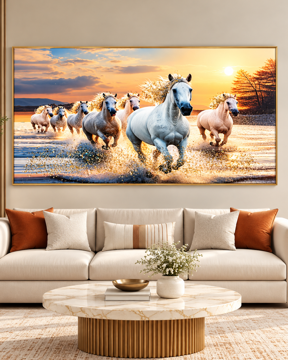 Sunrise Serenade of Seven White Running Horses Crystal Glass Painting