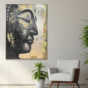 Tranquil Buddha 100% Hand Painted Wall Painting (With Golden Outer Floater Frame frame) (47x35.5 Inches)