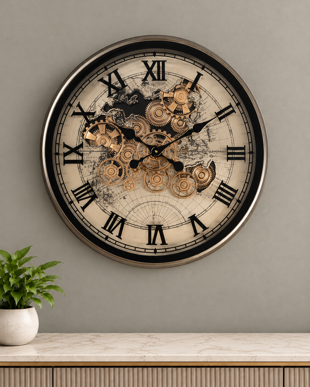 Phantom Dial Luxury Designer Wall Clock For Living Room With Moving Gear Mechanism Buy Wall Clock Online - Big (Black) (Steel Body)