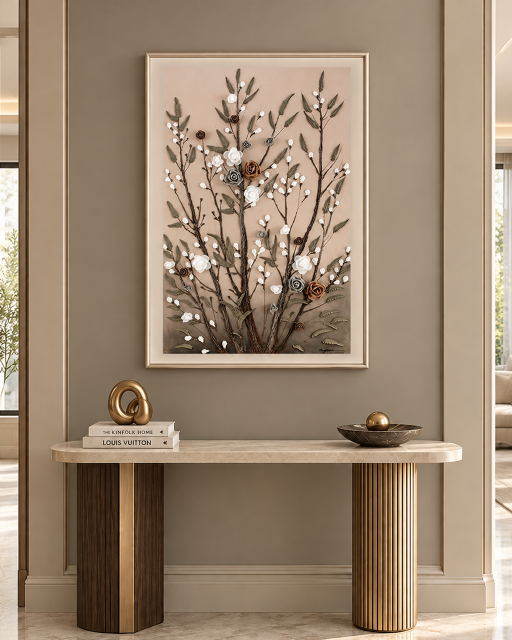 Meadow Roses Hand painting for Home Wall (With Outer Floater Frame) (47x31.5 Inches)