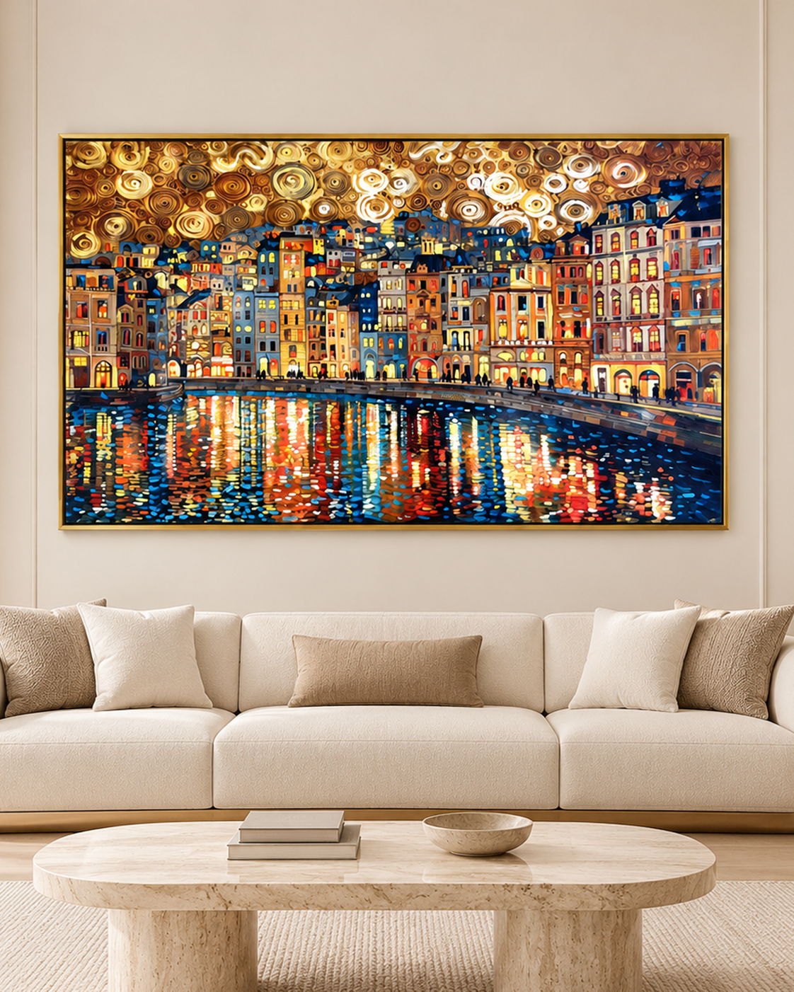 City of Lights 100% Hand Painted Wall Painting (With Golden Outer Floater Frame frame) (31.5x55 Inches)